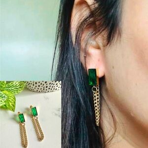2/$30🌵 Gold Chain Rectangle Green Stone Earrings Tassel Art Deco Jewelry NEW